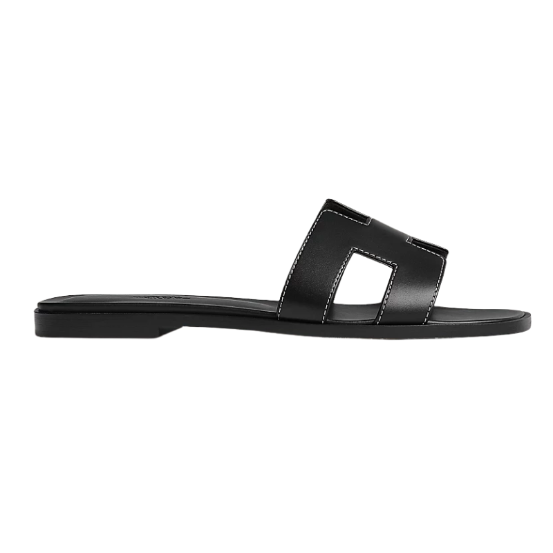 Untitled-design-2025-02-25T005436.654.png Hermes Oran Sandal Black Calfskin – White Top Stitch Flat Shoes - Image 1