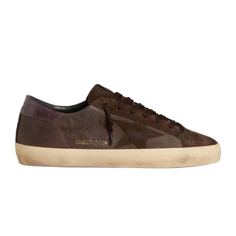 3C9B89E8-1D05-45D3-854E-1969B6EEA399 (1) Golden Goose Super-Star LTD in brown nubuck with suede star and purple leather heel tab(Men) - Image 1