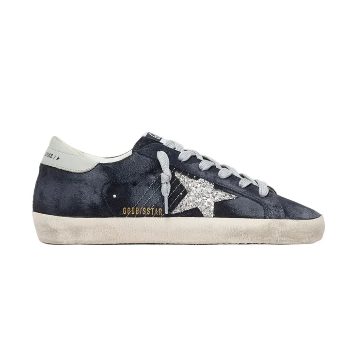 460F97D1-270B-4F91-B7AC-230C3B6EB489 Golden Goose Super-Star in blue suede with silver glitter star and leather heel tab(Women's) - Image 1